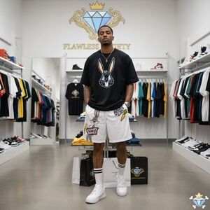 LOONEY TUNES BUGS BUNNY WHATS UP DOC WHITE MESH SHORTS SIZE LARGE MEN STREETWEAR